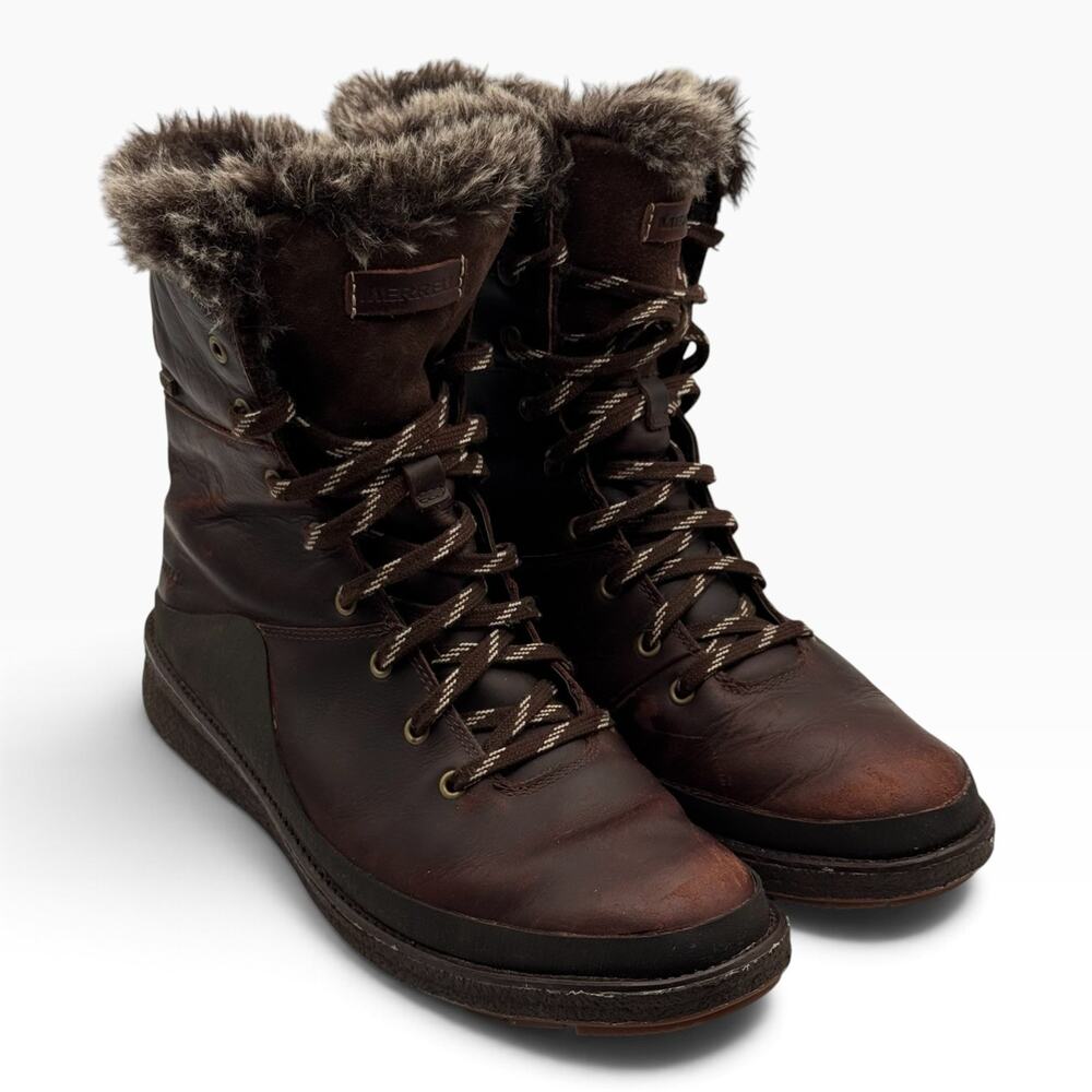 Merrell Womens 9.5 Brown Leather Winter Snow Boots Vibram Arctic Grip J95306